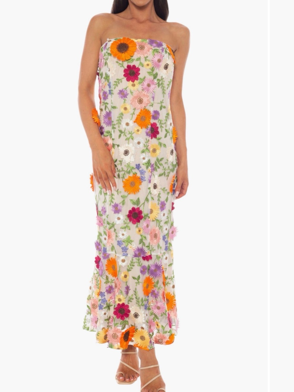 Strapless Floral Embroidered Midi Dress - White with Multi Floral